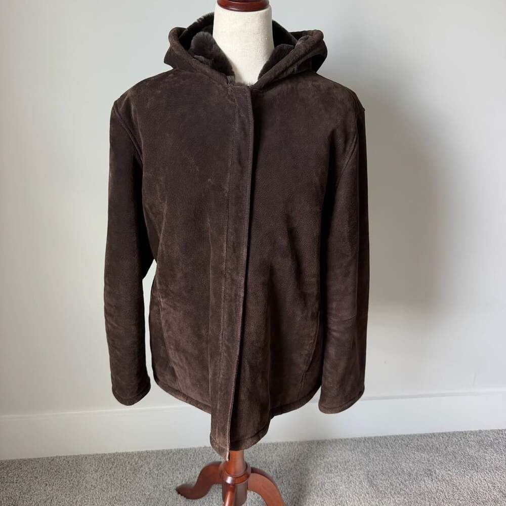 Jones New York Sport Jacket Size L Brown Suede Leather Hooded